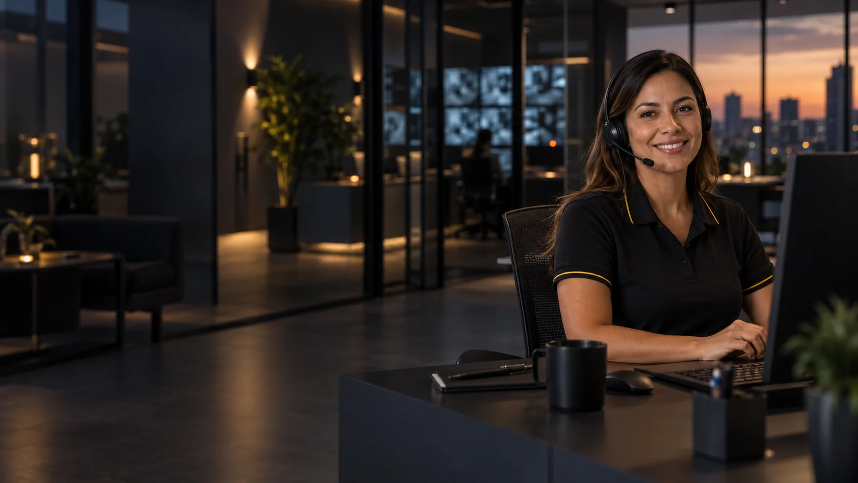 Profissional de atendimento com headset em um escritório moderno ao entardecer
