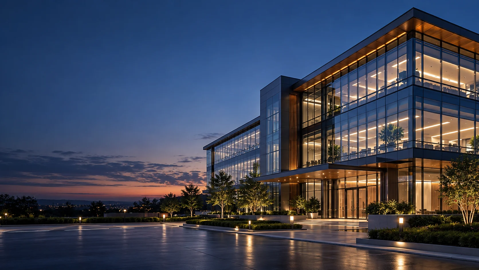 Prédio corporativo moderno com fachada de vidro iluminada ao entardecer