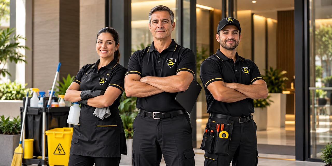 Equipe uniformizada em uma entrada residencial, com materiais de limpeza e ferramentas de manutenção.