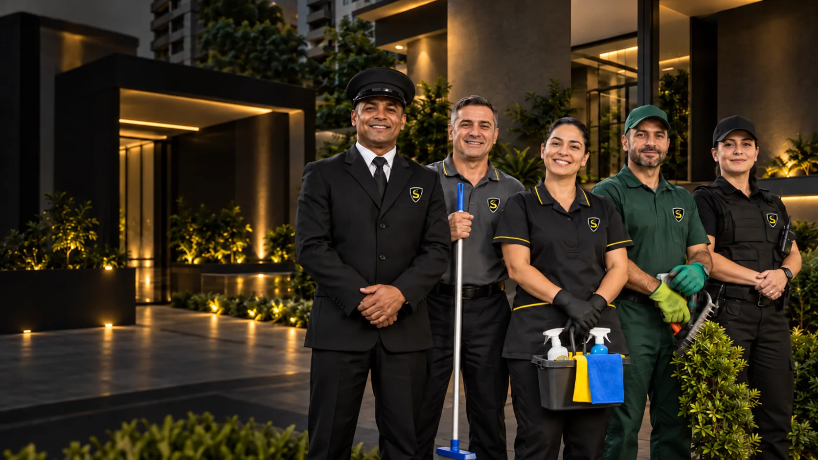Equipe SPECIALSEG de portaria, manutenção, limpeza, jardinagem e segurança em frente a um condomínio ao entardecer