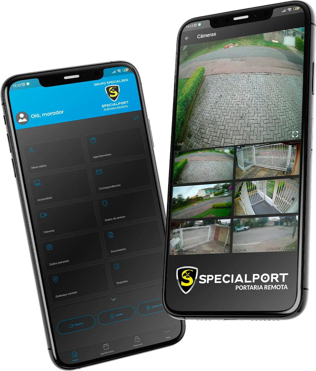 Aplicativo SPECIALPORT exibindo câmeras e recursos para moradores