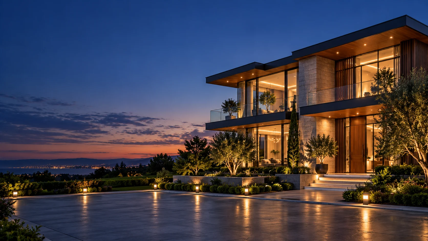 Residência moderna com fachada e jardim iluminados ao entardecer